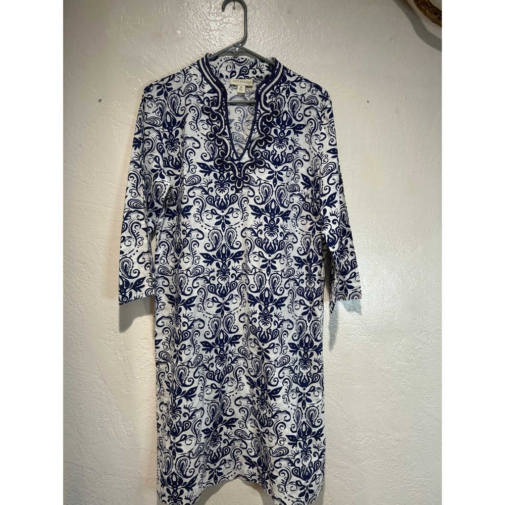 Appleseeds Womens Blue White Damask Paisley Tunic Dress 10 Cotton Embroidered